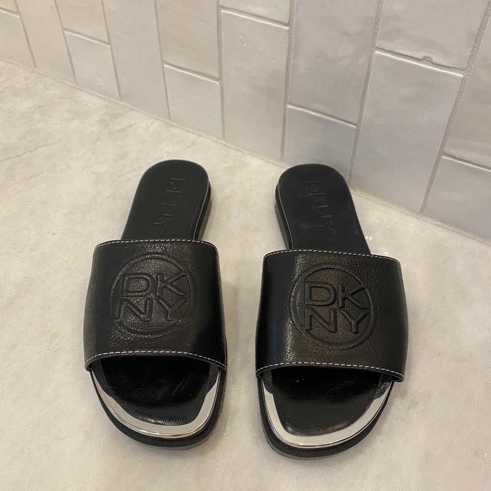 DKNY Black Leather Slides